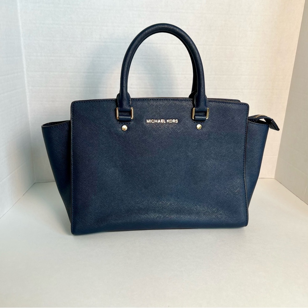 Michael Kors Navy Blue Medium Satchel with Textured Leather and Gold Hardware